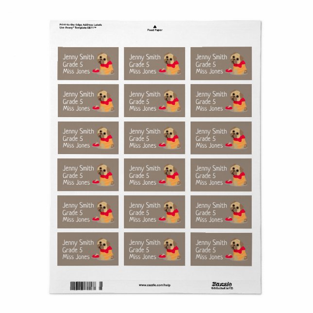 Girl pug dog name school book labels (Full Sheet)
