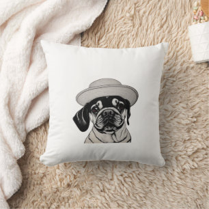 Girl Pug Wearing Hat Black and White Throw Pillow
