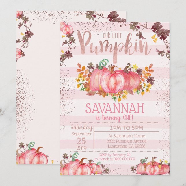 Girl Pumpkin 1st Birthday Invitation - Fall (Front/Back)
