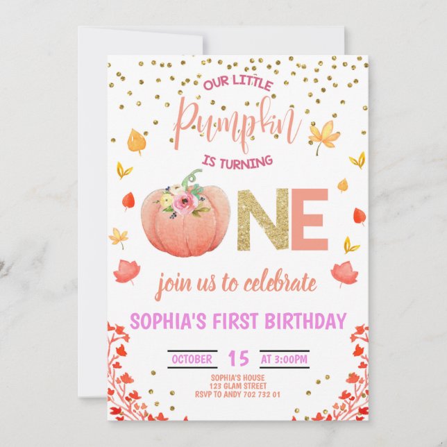 Girl Pumpkin 1st Birthday ONE Gold Glitter Pink Invitation (Front)