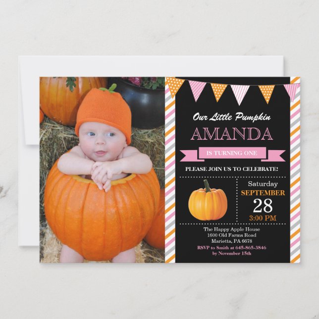 Girl Pumpkin Birthday Invitation Orange and Pink (Front)