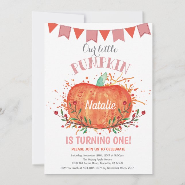 Girl Pumpkin Birthday Invitation Orange and Pink (Front)