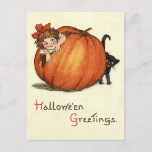 Girl Pumpkin Black Cat Postcard