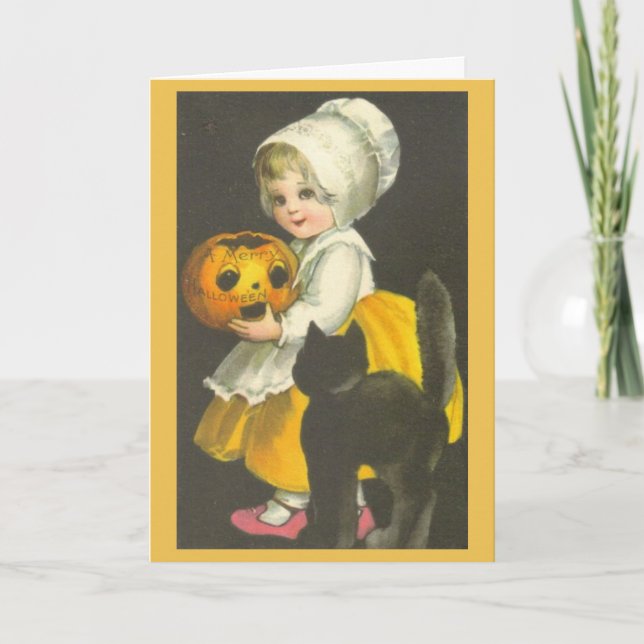 Girl Pumpkin Black Cat Vintage Halloween Card (Front)