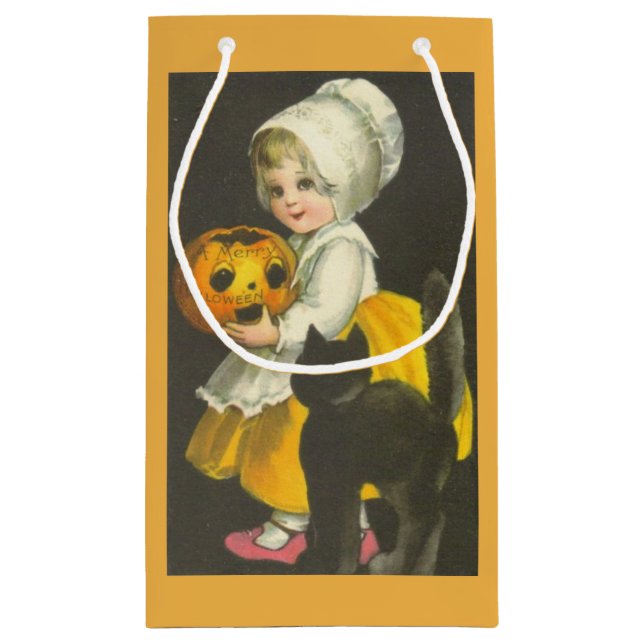 Girl Pumpkin Black Cat Vintage Halloween Gift Bag (Back)