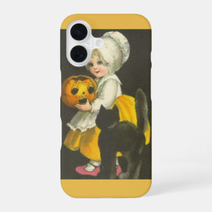 Girl Pumpkin Black Cat Vintage Halloween iPhone 16 Case