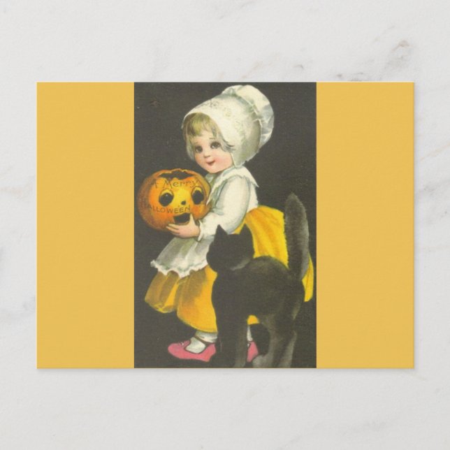 Girl Pumpkin Black Cat Vintage Halloween Postcard (Front)