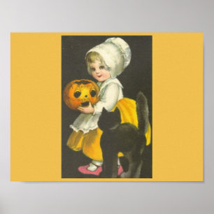 Girl Pumpkin Black Cat Vintage Halloween Poster