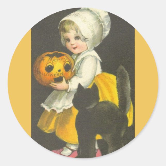Girl Pumpkin Black Cat Vintage Halloween Stickers (Front)
