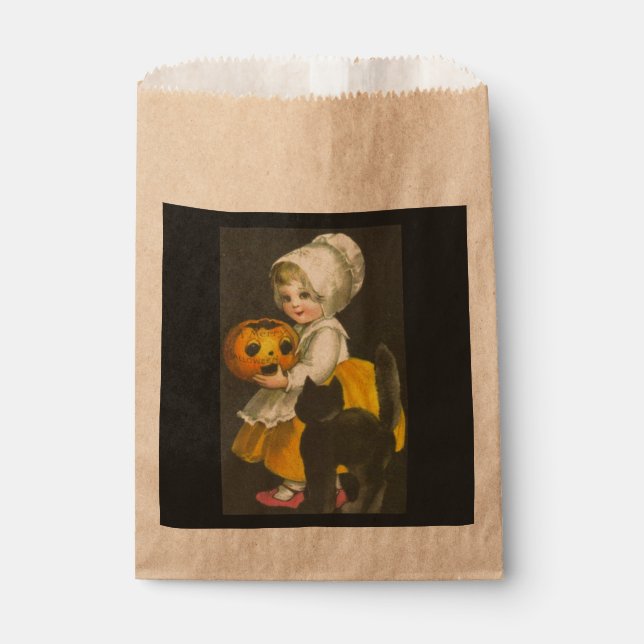 Girl Pumpkin Cat Vintage Halloween Candy Favour Bags (Front)