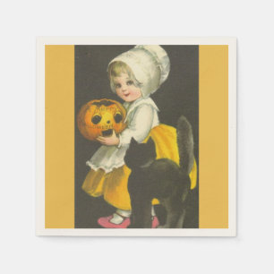 Girl, Pumpkin, Cat Vintage Halloween Paper Napkins