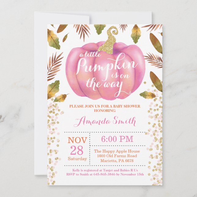 Girl Pumpkin Fall Baby Shower Invitation Gold (Front)