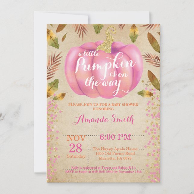 Girl Pumpkin Fall Baby Shower Invitation Gold (Front)