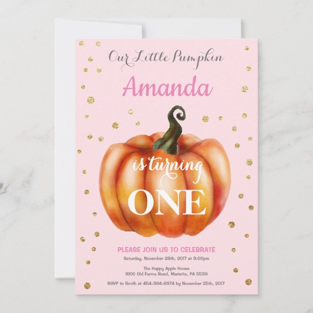 Girl Pumpkin Fall Birthday Invitation Gold (Front)