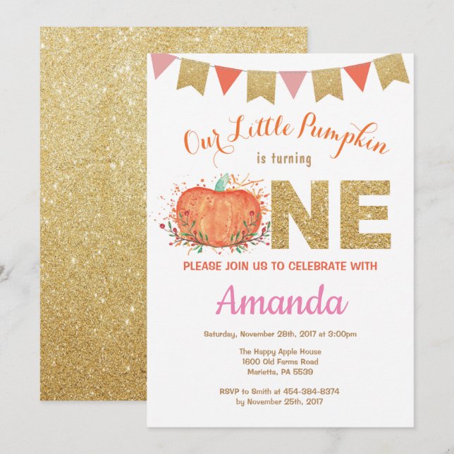Girl Pumpkin Fall Birthday Invitation Gold Glitter (Front/Back)