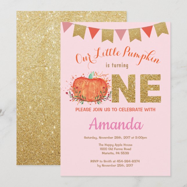Girl Pumpkin Fall Birthday Invitation Gold Glitter (Front/Back)