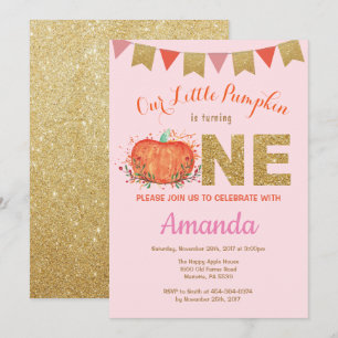 Girl Pumpkin Fall Birthday Invitation Gold Glitter