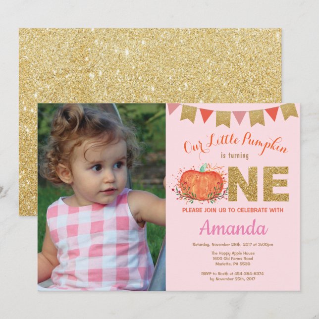 Girl Pumpkin Fall Birthday Invitation Gold Glitter (Front/Back)