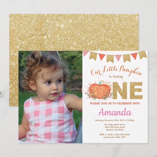 Girl Pumpkin Fall Birthday Invitation Gold Glitter (Front/Back)