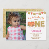 Girl Pumpkin Fall Birthday Invitation Gold Glitter