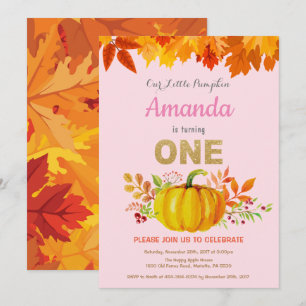 Girl Pumpkin Fall First Birthday Gold Glitter Invitation