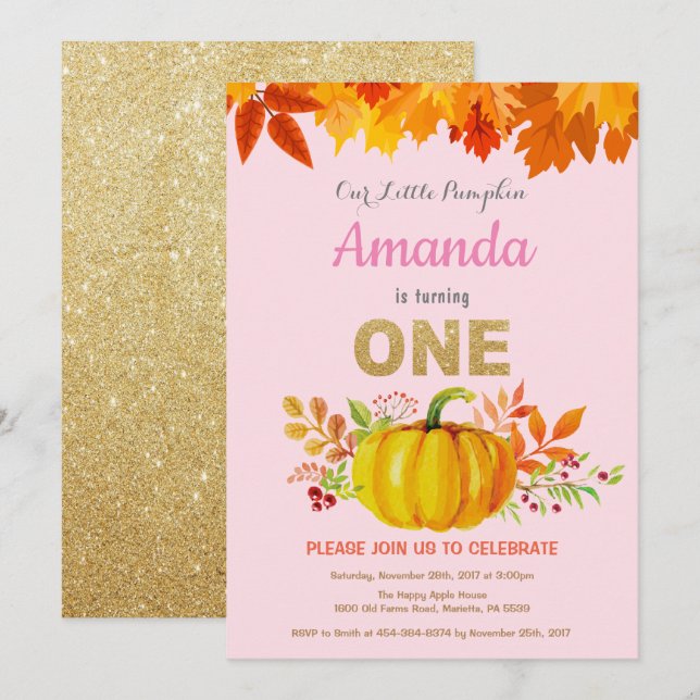 Girl Pumpkin Fall First Birthday Gold Glitter Invitation (Front/Back)
