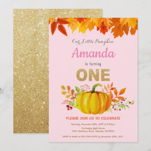 Girl Pumpkin Fall First Birthday Gold Glitter Invitation