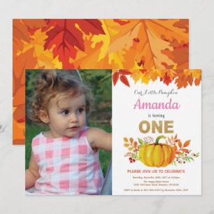 Girl Pumpkin Fall First Birthday Gold Glitter Invitation