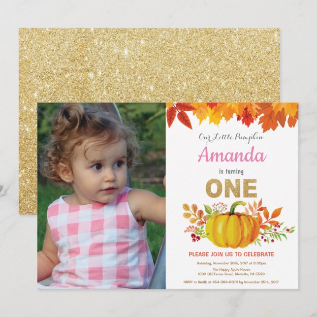 Girl Pumpkin Fall First Birthday Gold Glitter Invitation (Front/Back)