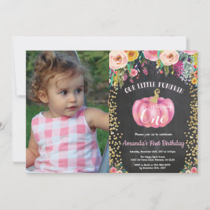 Girl Pumpkin First Birthday Floral Gold Chalkboard Invitation