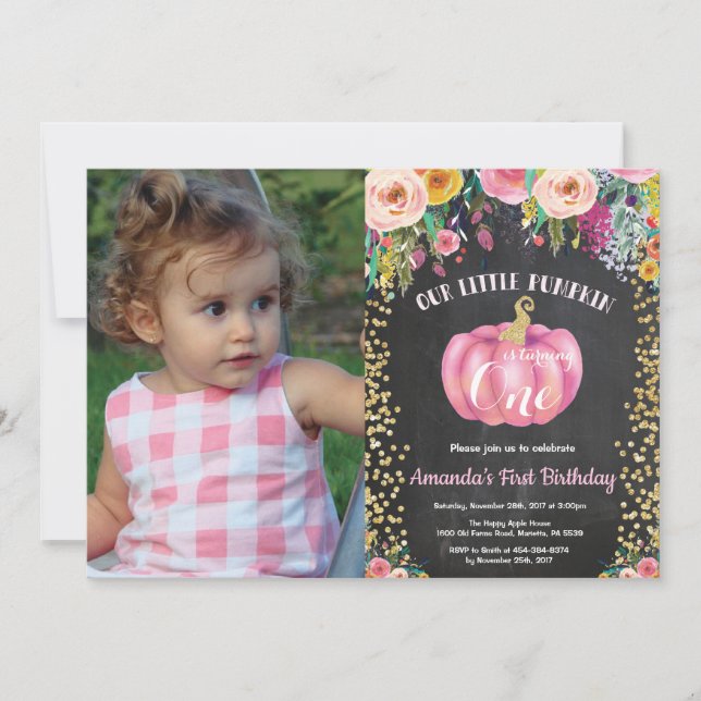 Girl Pumpkin First Birthday Floral Gold Chalkboard Invitation (Front)