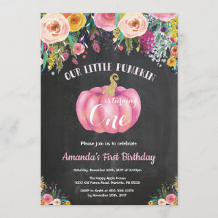 Girl Pumpkin First Birthday Floral Gold Chalkboard Invitation