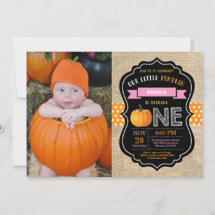 Girl Pumpkin First Birthday Invitation Burlap Pink