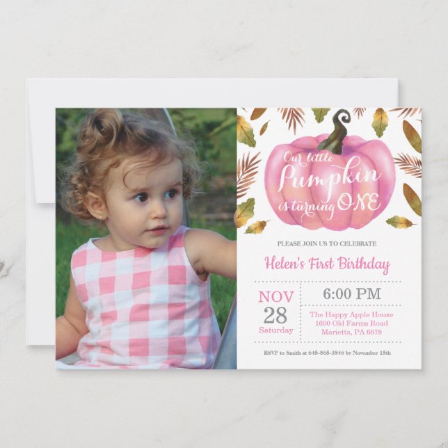 Girl Pumpkin First Birthday Invitation Pink (Front)