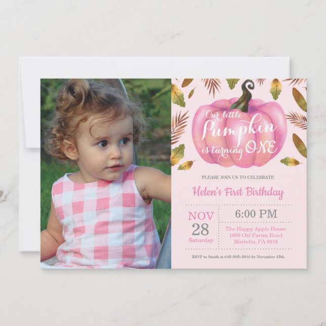 Girl Pumpkin First Birthday Invitation Pink (Front)