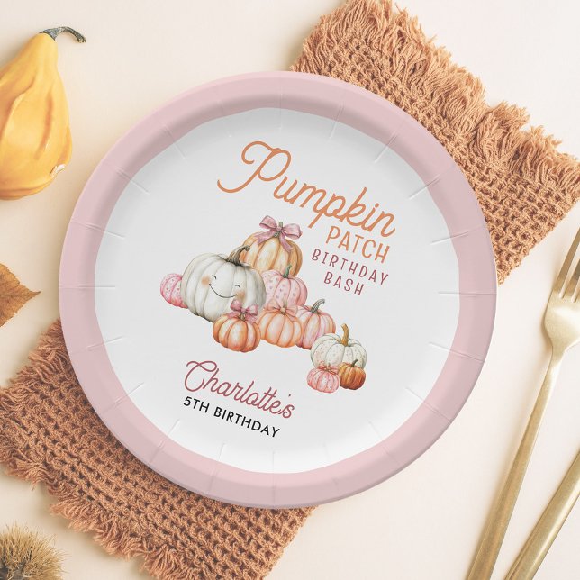 Girl Pumpkin Patch Bows Birthday Party Paper Plate (Creator Uploaded)