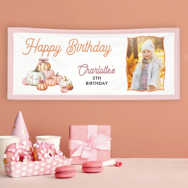 Girl Pumpkin Patch Bows Photo Happy Birthday Party Banner (Creator Uploaded)