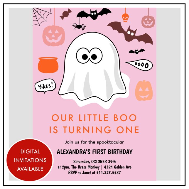 Girl Pumpkin Pink Ghost Halloween 1st birthday Invitation (Halloween-1st-birthday-Invitation-ghost-girl-pink-1)