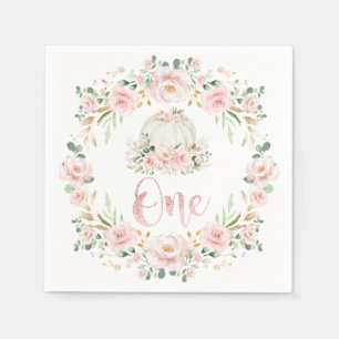 Girl Pumpkin Rose Gold Floral 1st First Birthday Napkin