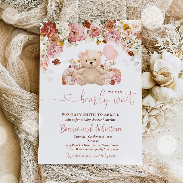 Girl Pumpkin Teddy Bear Floral Fall Baby Shower  Invitation (Creator Uploaded)
