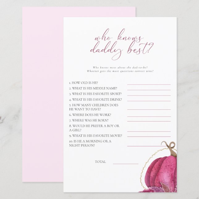 Girl Pumpkin Who Knows Daddy Best Baby Shower Game (Front/Back)