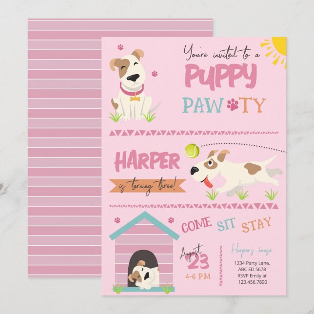 Girl Puppy Birthday Pawty  Invitation (Front/Back)