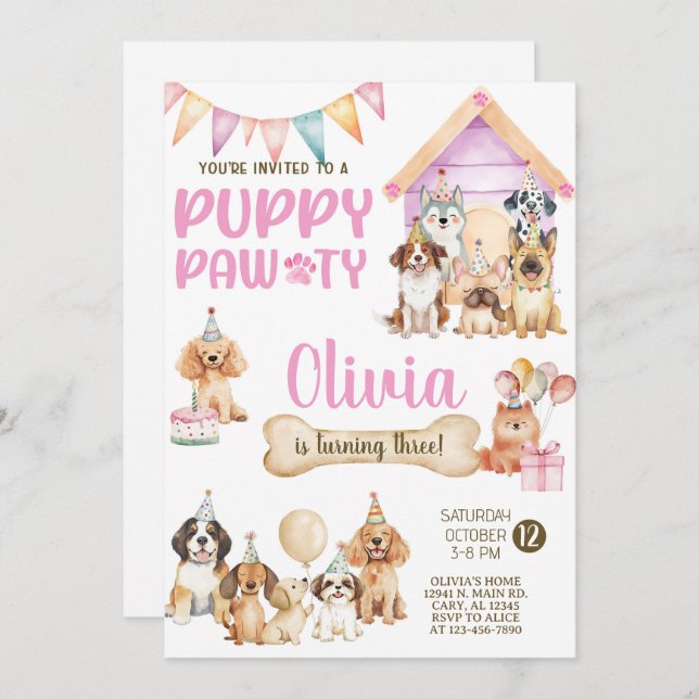 Girl puppy / dogs birthday party invitation. invitation (Front/Back)