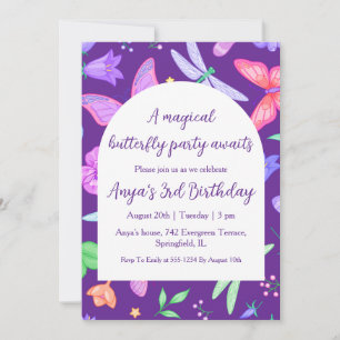 Girl purple butterfly birthday invitations