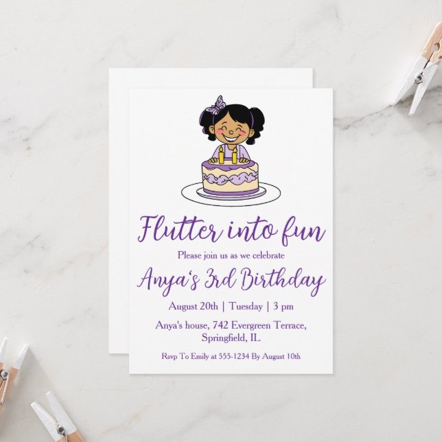Girl purple butterfly birthday invitations (Front/Back In Situ)