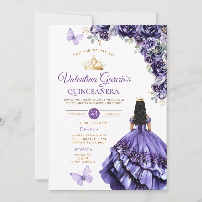Girl Purple Dress Quinceañera 15 Anos Flowers Gold Invitation (Front)