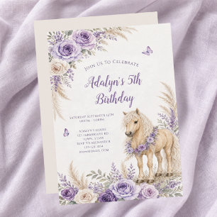 Girl Purple Rose Horse 5th Birthday Invitation