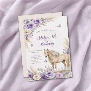 Girl Purple Rose Horse 8th Birthday Invitation