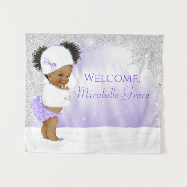 Girl Purple Winter Wonderland Baby Shower Backdrop Tapestry (Front (Horizontal))