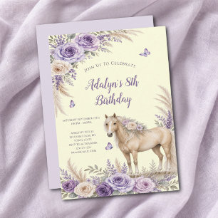 Girl Purple Yellow Rose Horse 8th Birthday Invitation